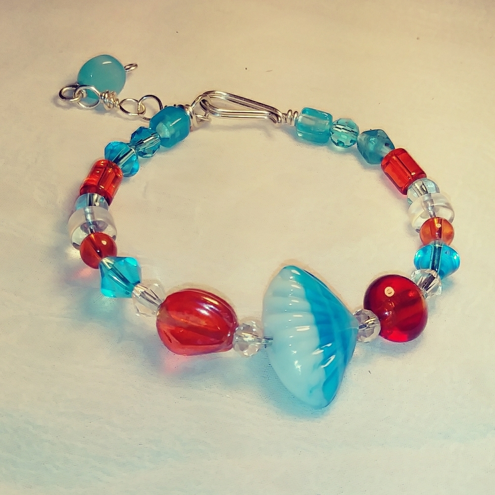 Beaded bangle bracelet (#18, tourquise & orange)